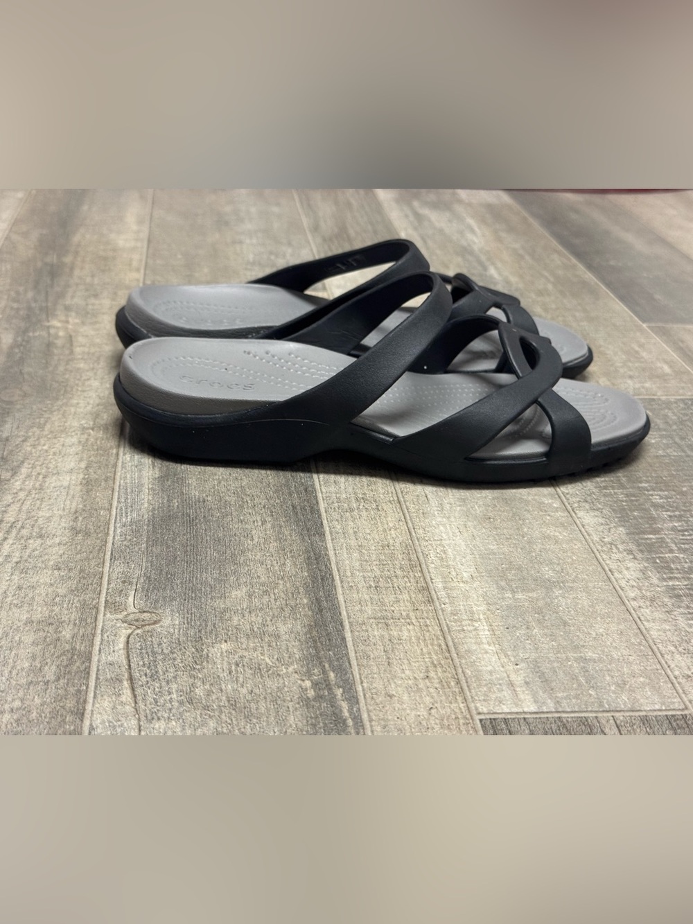 Crocs Women’s Meleen Twist Black Gray Slide Sandals W-9 Slip-On Beach Travel Y2K